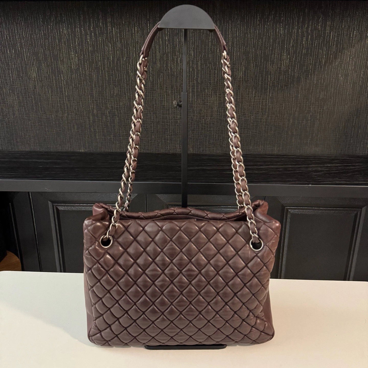 Chanel Diamond Tote MM Chain Shoulder Bag Purple Silver Women Classic