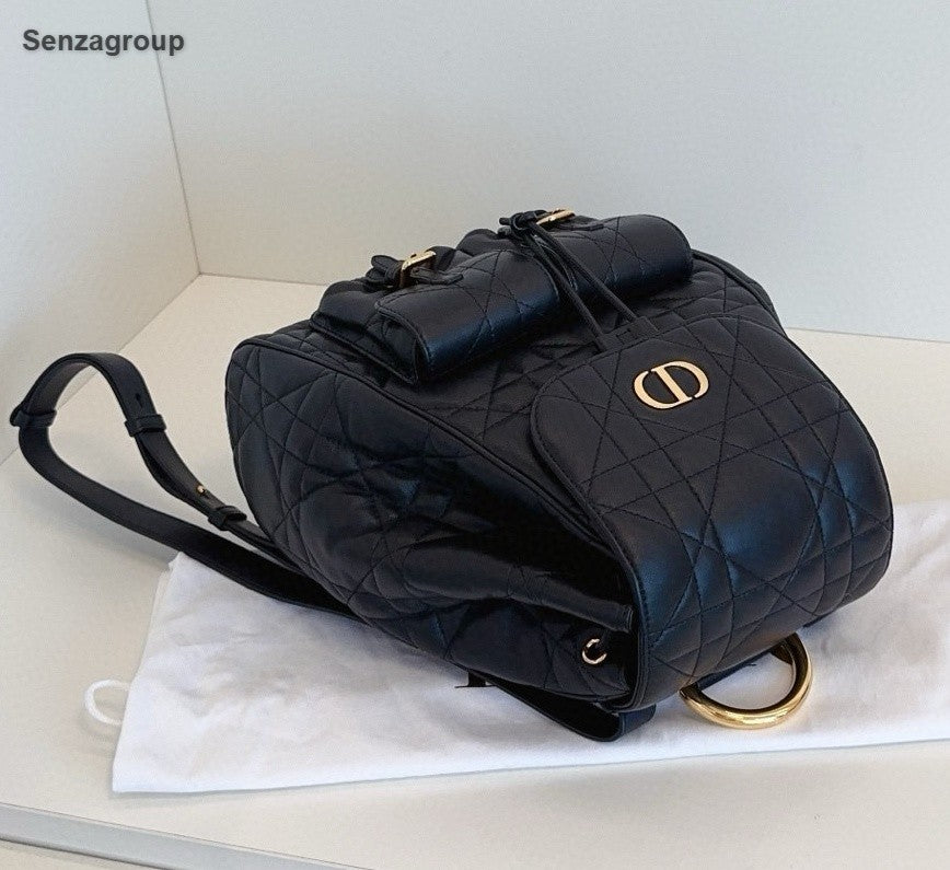 Christian Dior Caro MM Backpack Black Gold Used Women Classic Fashion