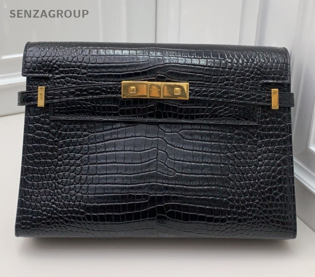 Saint Laurent Manhattan Clutch Black Gold Used Women Classic Fashion