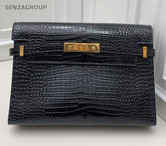 Saint Laurent Manhattan Clutch Black Gold Used Women Classic Fashion