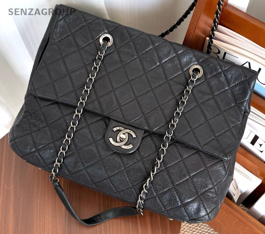 CHANEL Classic Flap Tote Calfskin Chain Shoulder bag Black Silver Women Handbag