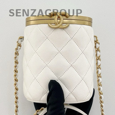Chanel White Gold Quilted Lambskin Bucket Bag Chain Crossbody Classic