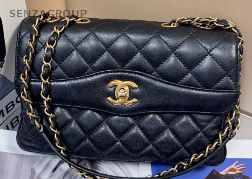 Chanel Classic Flap Lambskin Chain Shoulder Bag Black Gold Women Designer