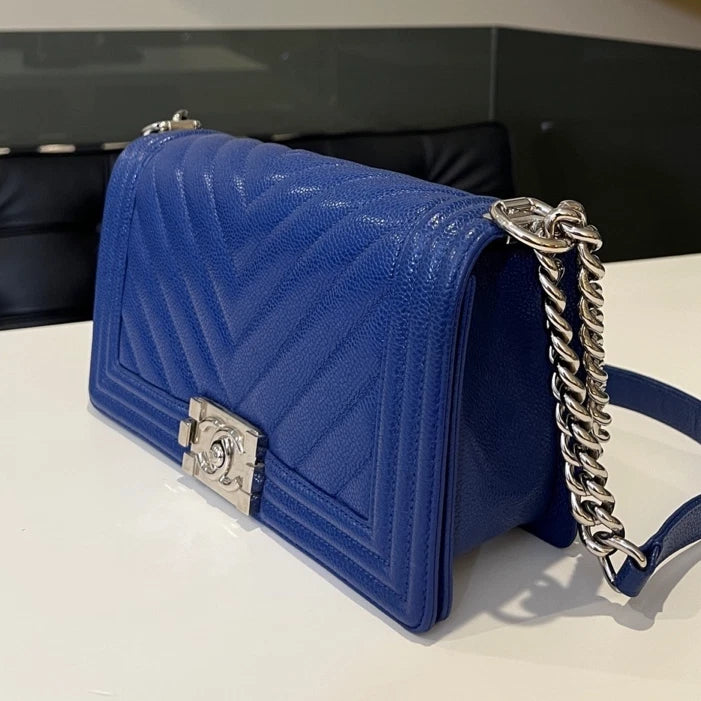 Chanel Le Boy Medium Chevron Chain Shoulder Bag Blue Silver Classic