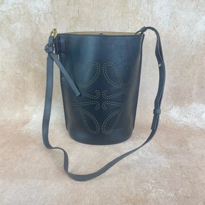 Loewe Black Leather Cutout Gate Bucket Crossbody Bag For Women