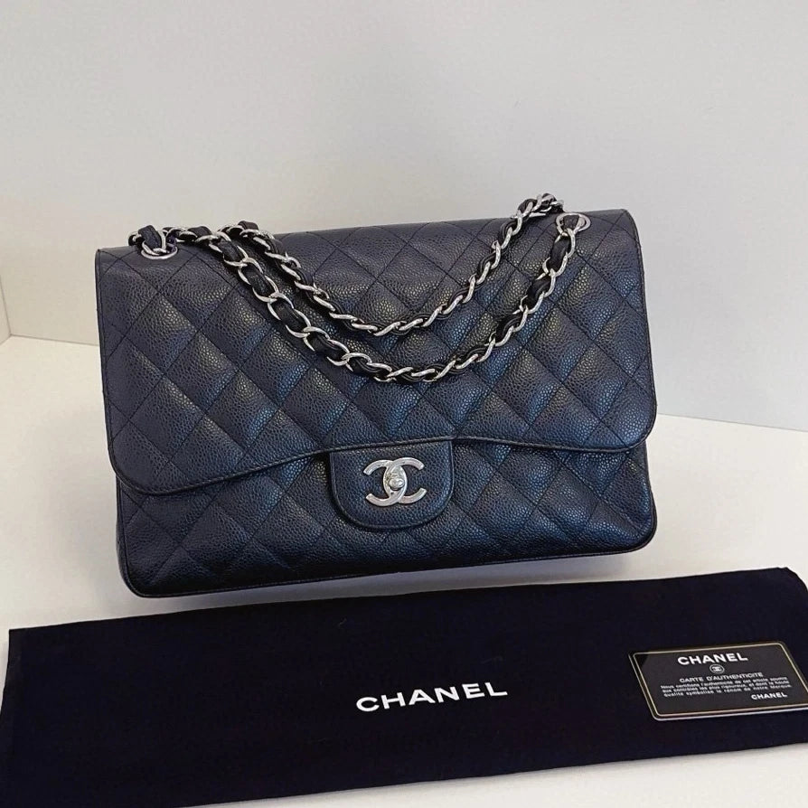 Chanel Classic Flap Jumbo Chain Shoulder Crossbody Diamond Black Silver Women