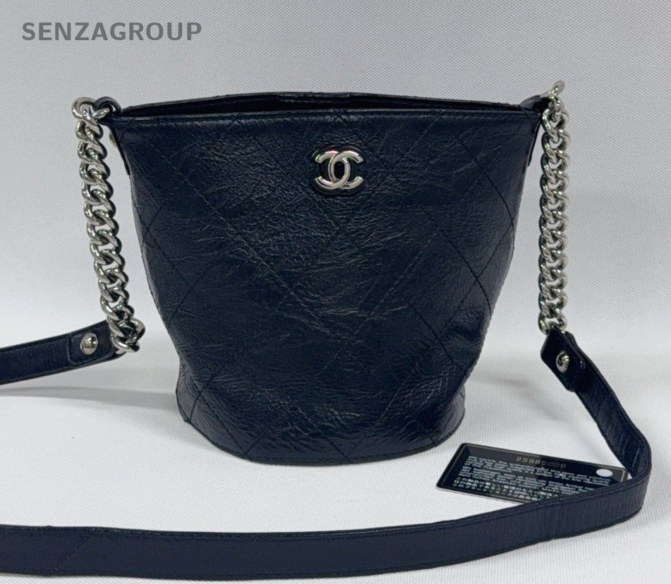 CHANEL Bucket Oil wax leather Chain Shoulder bag Crossbody Black Silver Women