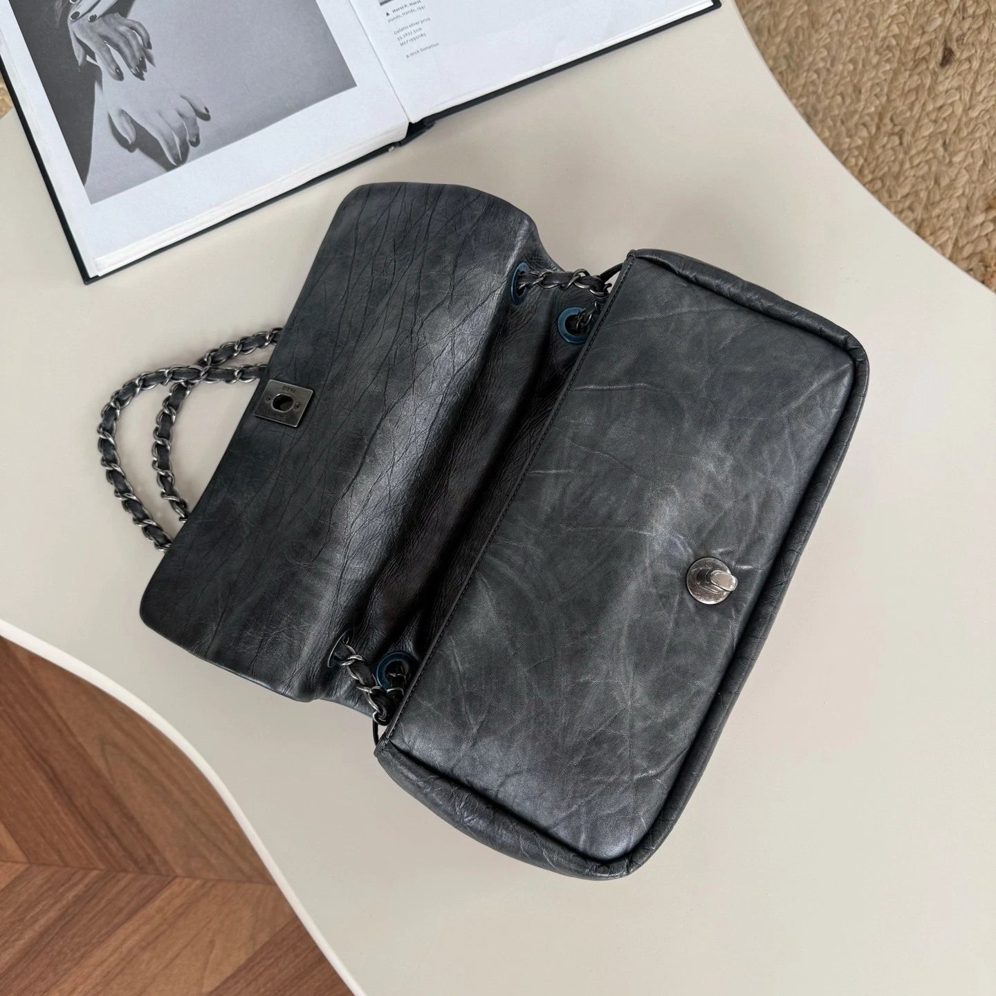 Chanel Calfskin Diamond Silver Chain Shoulder Bag Crossbody Gray