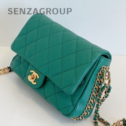 Chanel Classic Flap Mini Chain Shoulder Bag Crossbody Green Gold Women