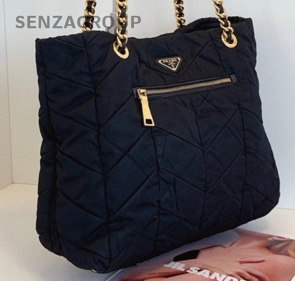 Prada Tote Chain Shoulder Bag Black Gold Used Women Classic Designer