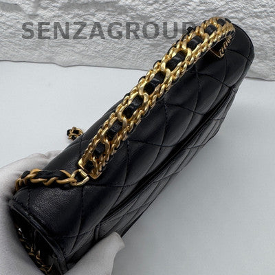 Chanel 22K Black Gold WOC Chain Shoulder Crossbody Bag Quilted Pattern