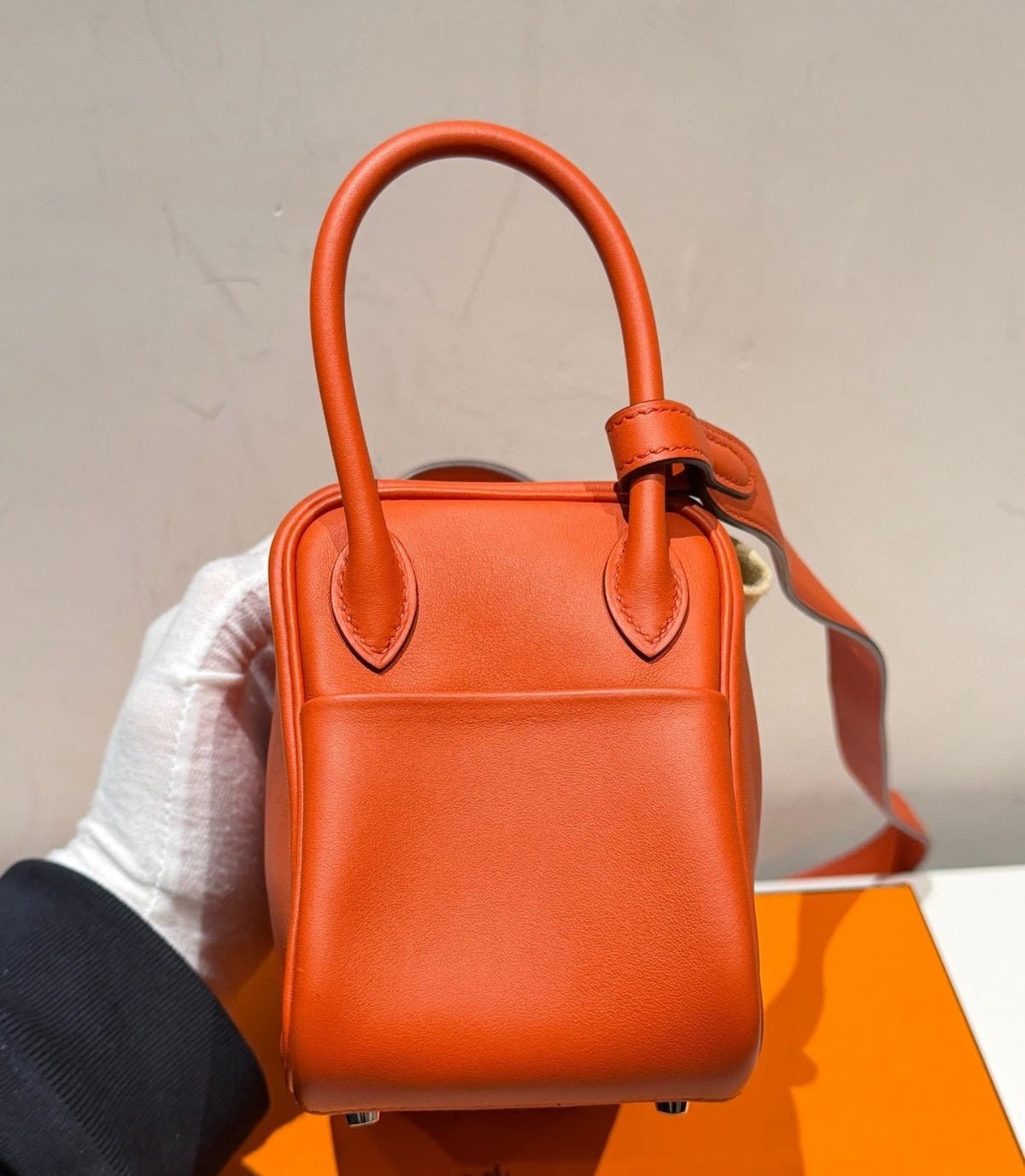 Hermes Lindy Mini Top Handle Shoulder Bag Orange Silver Women Classic Fashion