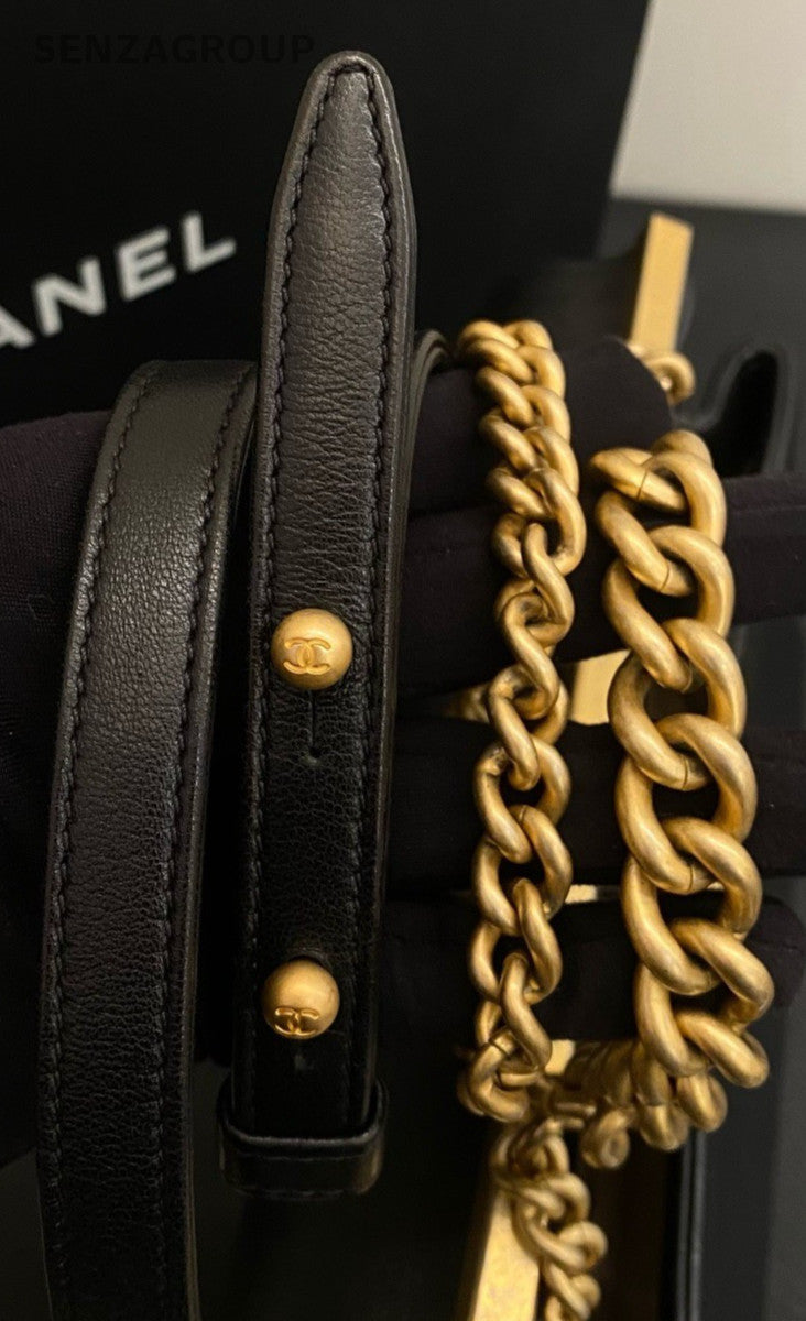 Chanel Lambskin Chain Shoulder Bag Black Gold Used Women Classic