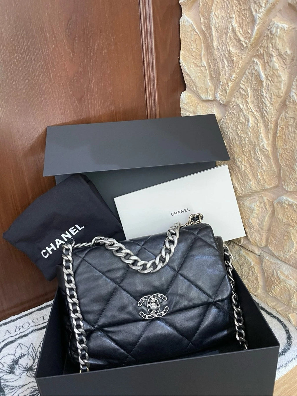 CHANEL 19 Medium Black Silver Hardware Shoulder Handbag for Women