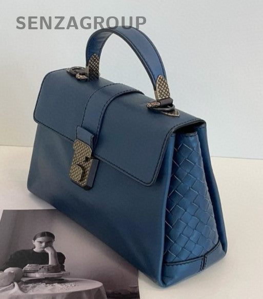 Bottega Veneta Piazza Top Handle Bag Blue Silver Used Women Classic