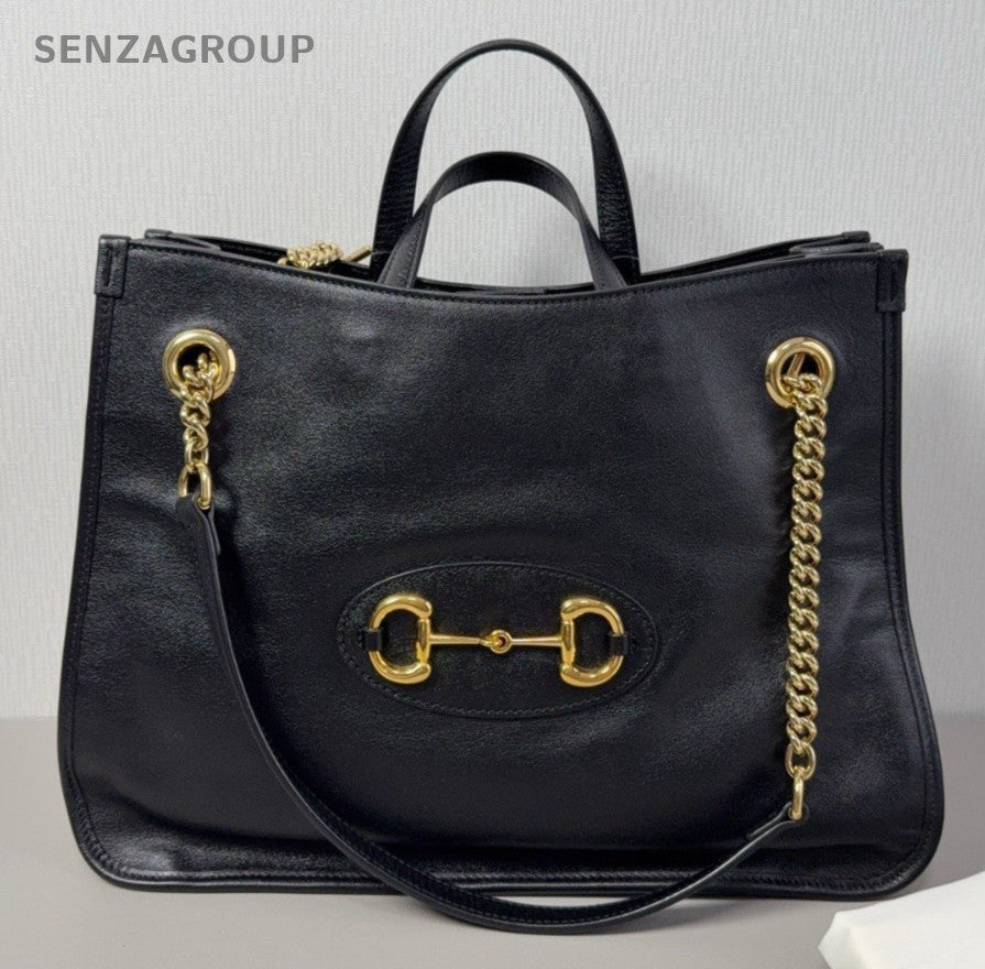 Gucci Tote Chain Handbag Shoulder Bag Black Gold Women Classic Fashion