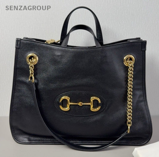 Gucci Tote Chain Handbag Shoulder Bag Black Gold Women Classic Fashion
