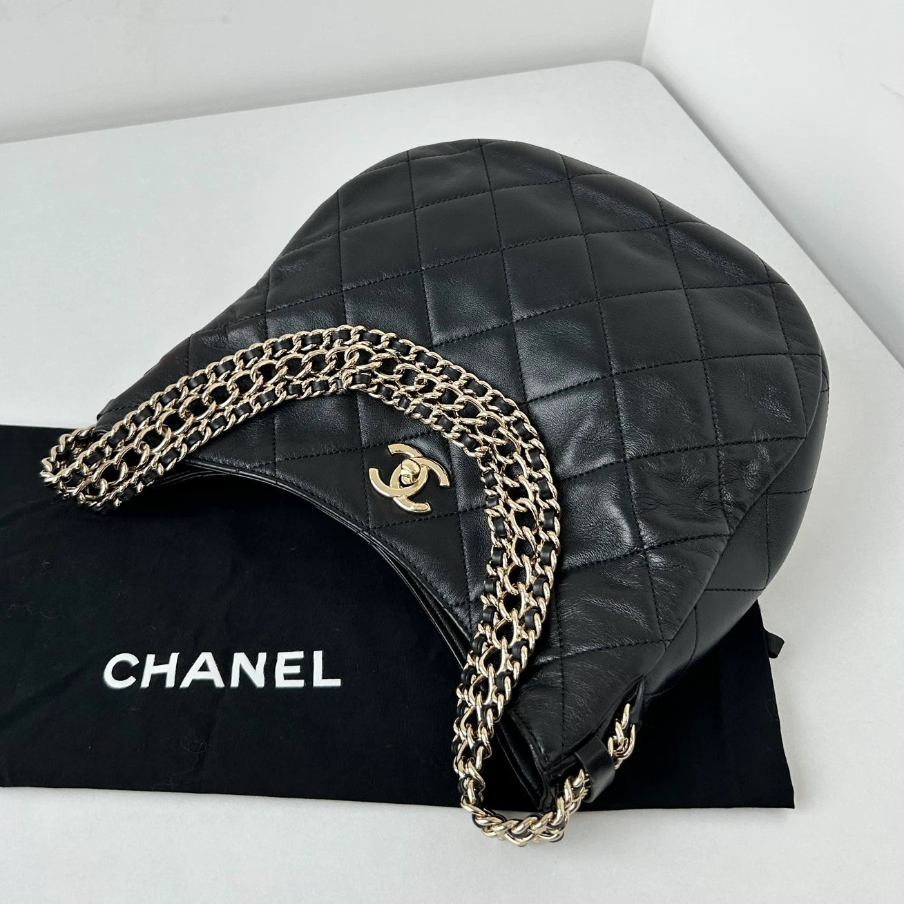 Chip Version Chanel Waterfall Gold Chain Hobo Black Diamond Shoulder Bag
