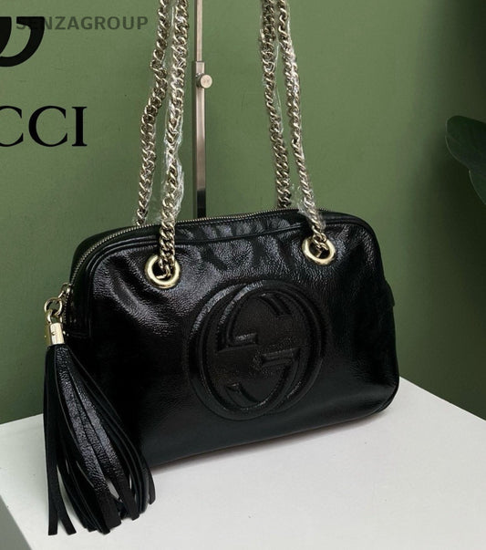 Gucci Tassel Soho Chain Shoulder Bag Black Gold Women Classic Designer