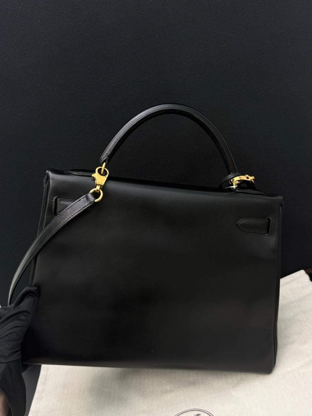 Hermes Kelly32 Box Top Handle Bag Crossbody Women Black Gold Classic Fashion