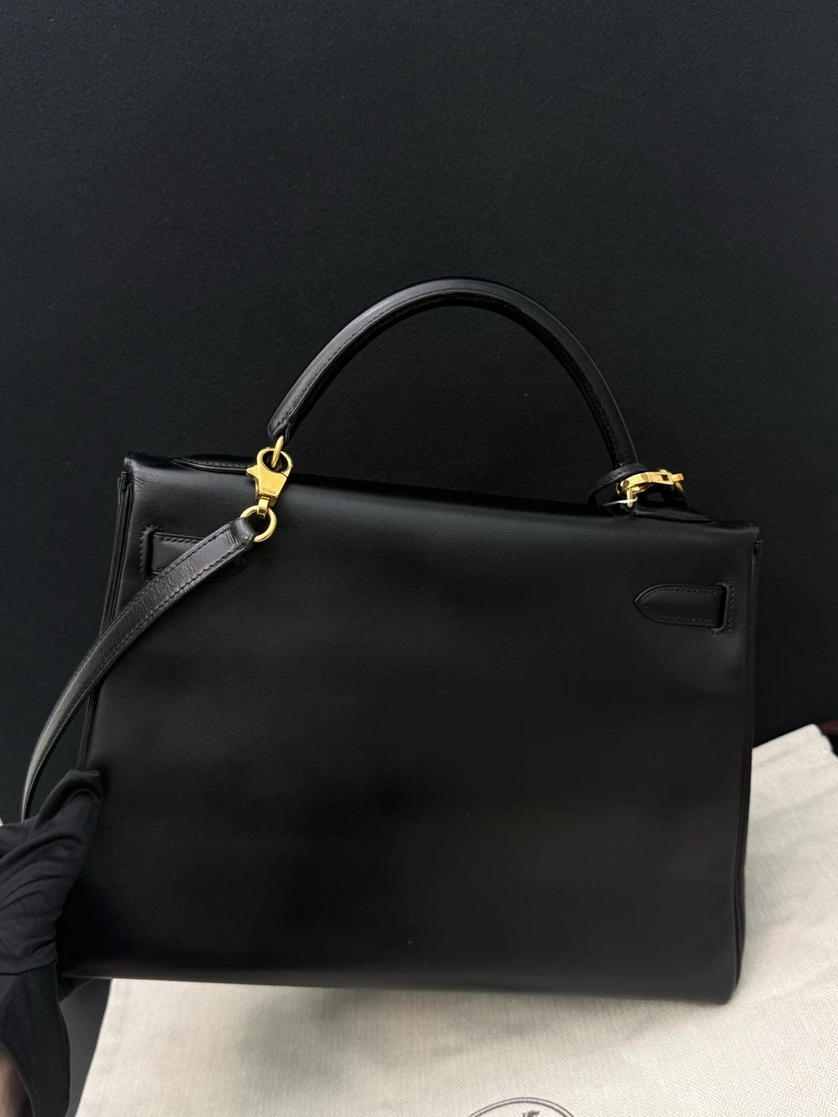Hermes Kelly32 Box Top Handle Bag Crossbody Women Black Gold Classic Fashion