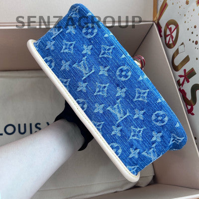 Louis Vuitton Denim Monogram Baguette Shoulder Bag Blue Gold Hardware