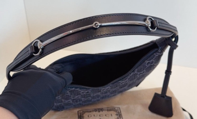 GUCCI Horsebit Slim Denim Black Monogram Shoulder Handbag  Women