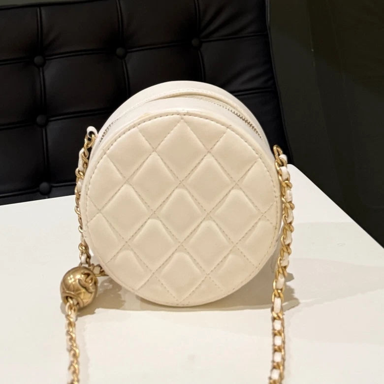 Chanel Quilted Circle Chain Crossbody Bag - Silver White Classic Women's