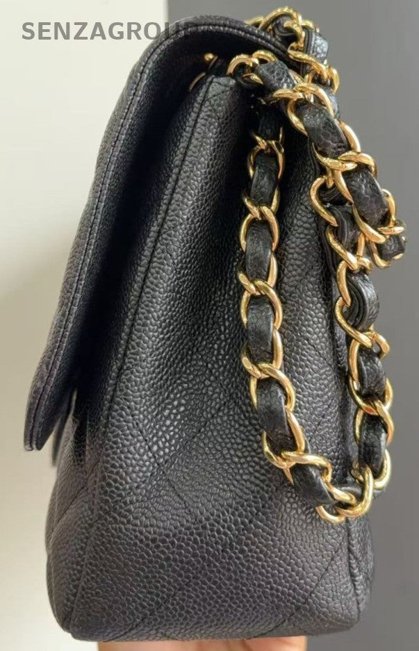 Chanel Classic Flap Jumbo GM Chain Shoulder Bag Black Gold Women Diamond