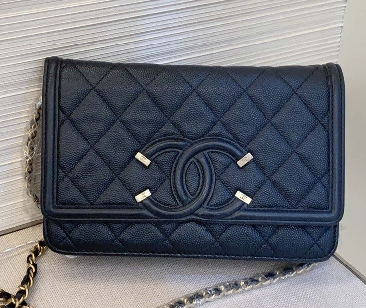 Chanel WOC Chain Calfskin Shoulder Bag Black Gold Women CC Logo Classic