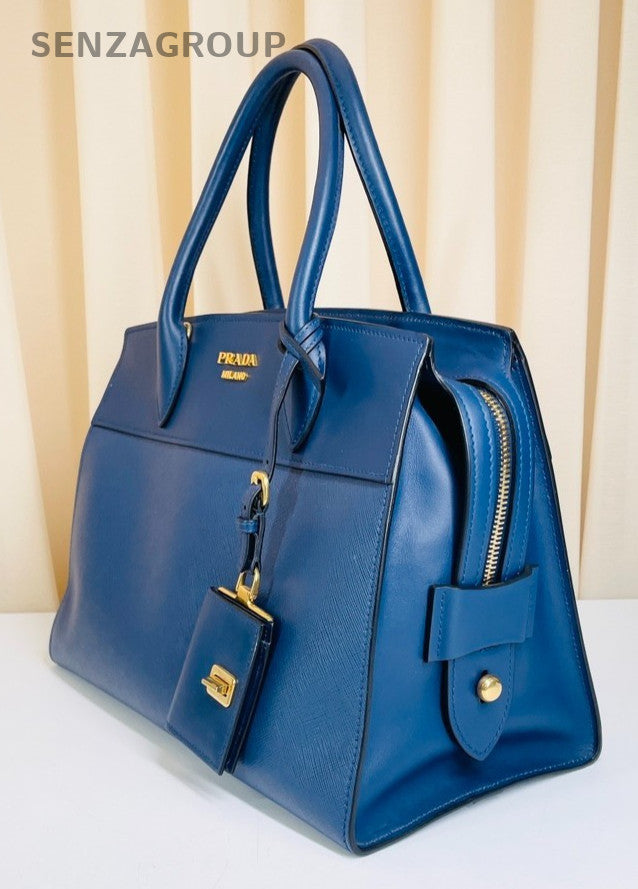 PRADA Saffiano Top Handle 2way Shoulder Handbag Women Blue Gold