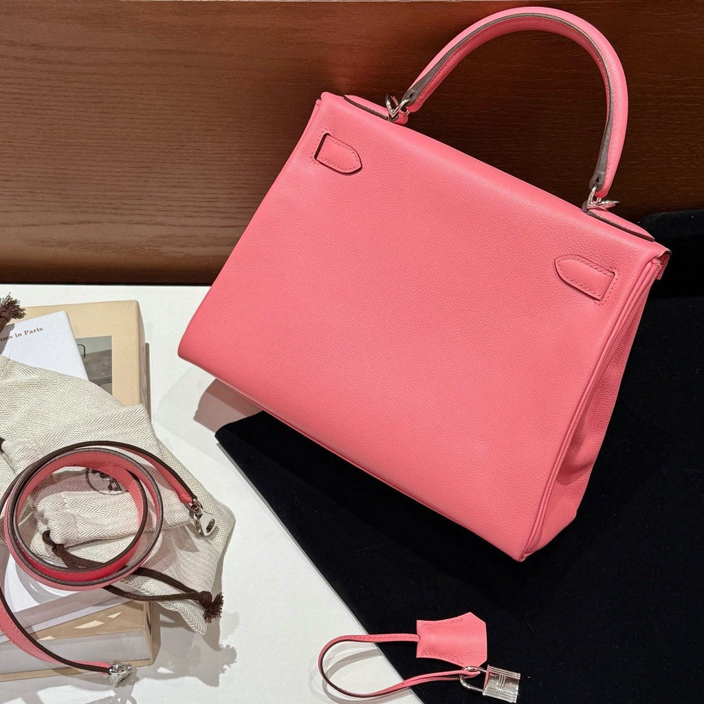 Hermes Kelly28 Top Handle Crossbody Pink Silver Women Fashion Classic