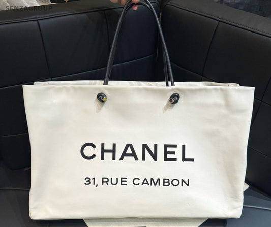 Chanel Cambon Tote Calfskin Top Handle Bag Shoulder Bag White Women Classic