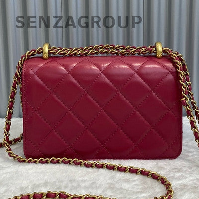 Chanel Quilted Calfskin Chain Shoulder Bag Red Gold Classic Fashion Women