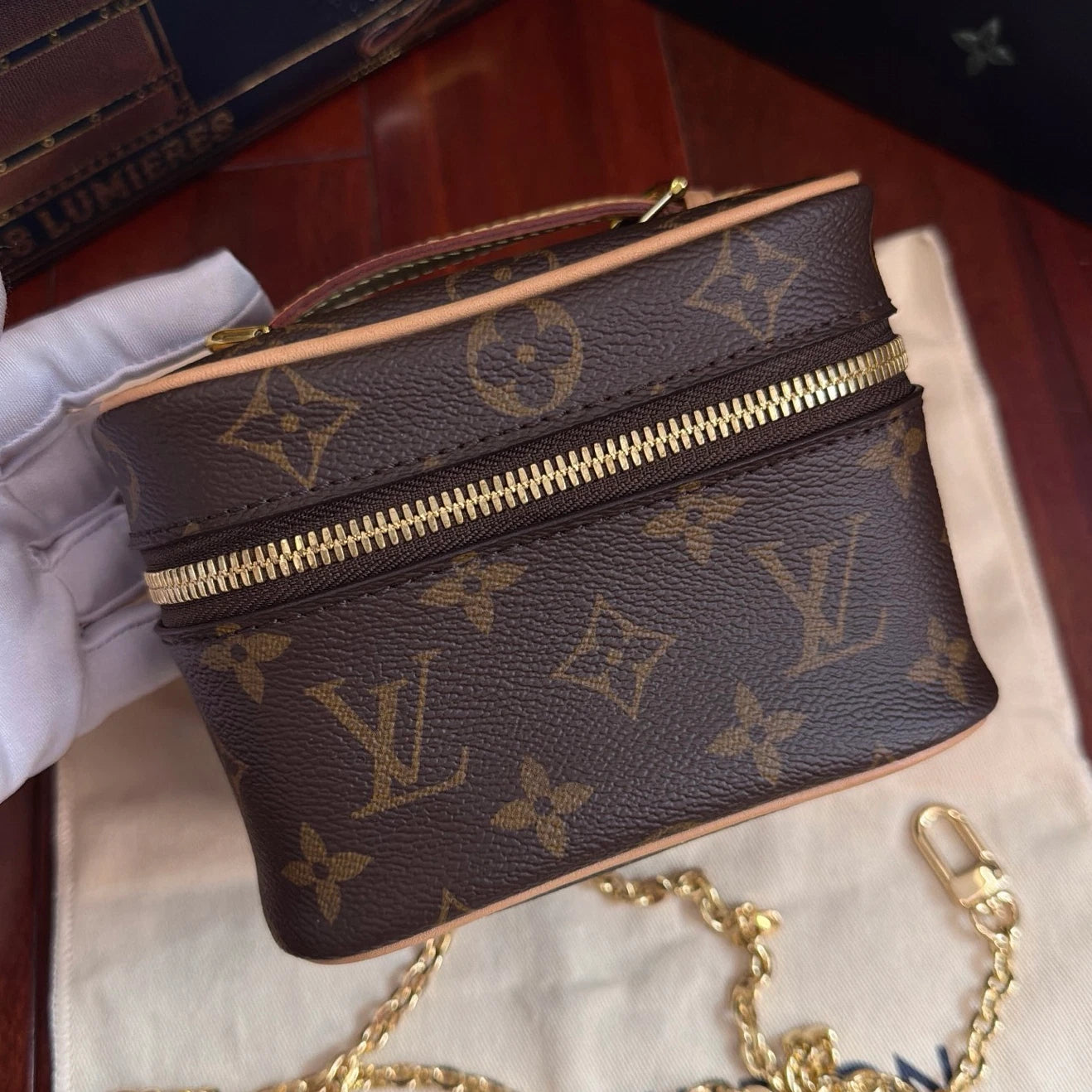 Louis Vuitton Monogram Nano Chain Top Handle Crossbody Brown Gold Women
