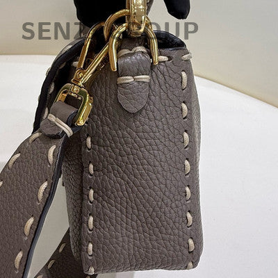 Fendi Baguette Medium Elephant Gray Gold Shoulder Crossbody Bag Women Classic