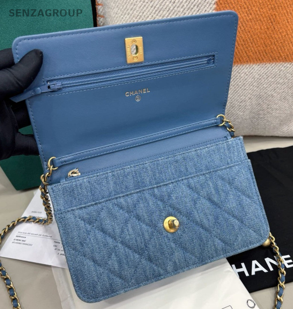 Chanel WOC Denim Chain Shoulder Bag Crossbody Diamond Blue Gold Women Classic