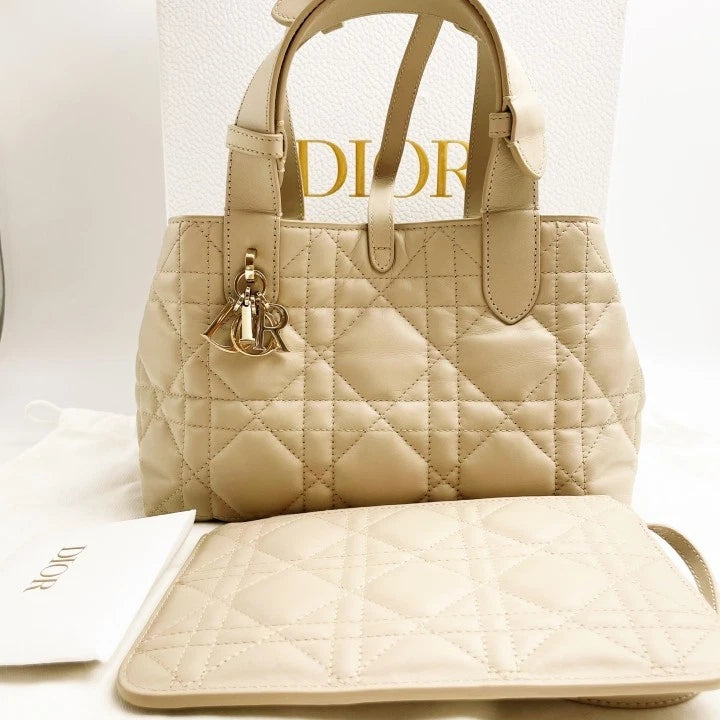 Authentic Dior Toujours Small Beige Calfskin Top Handle Bag For Women