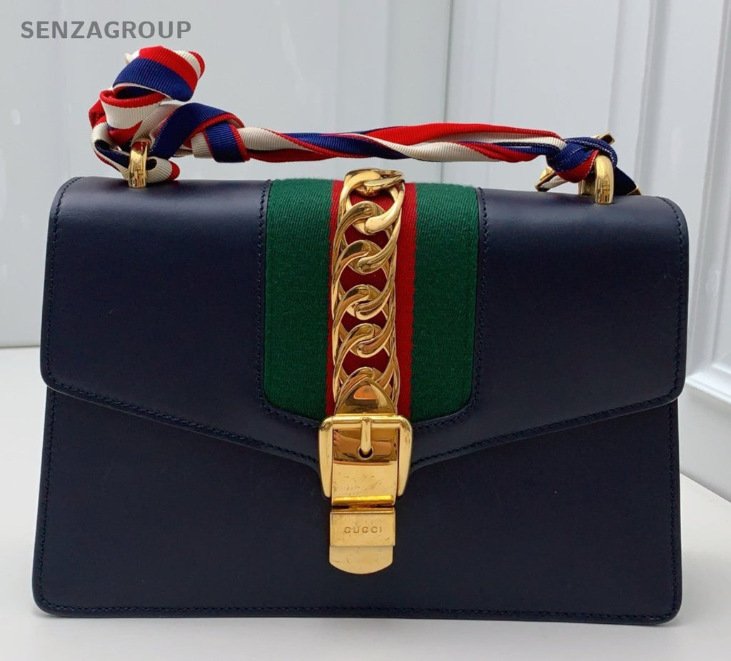 Gucci Sylvie Shoulder Bag Navy Gold Used Women Classic