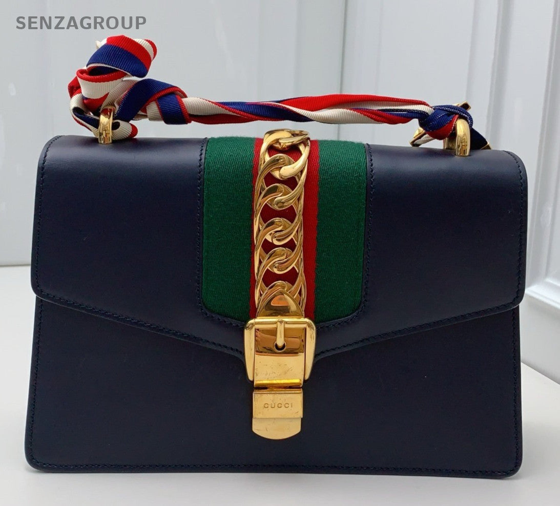 Gucci Sylvie Shoulder Bag Navy Gold Used Women Classic