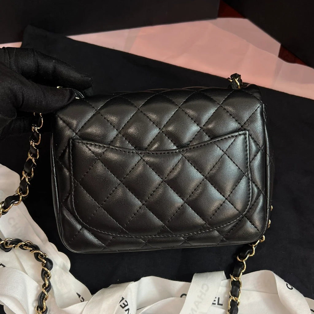 Chanel Classic Flap Lambskin Chain Shoulder Bag Crossbody Black Gold Women