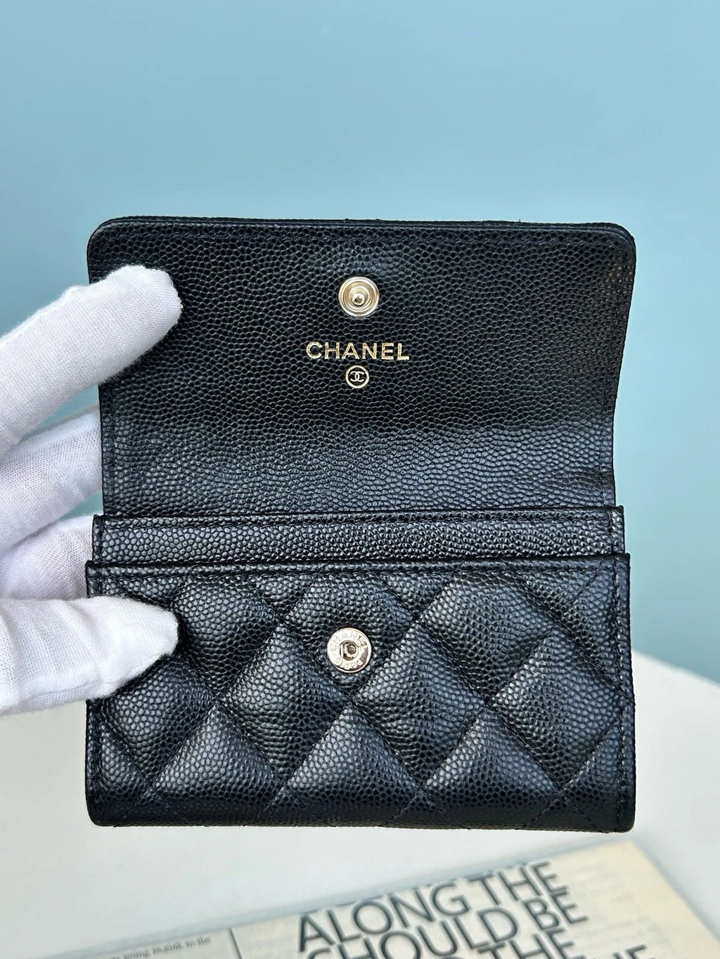 Chanel Calfskin Diamond Wallet Black Silver Women Classic