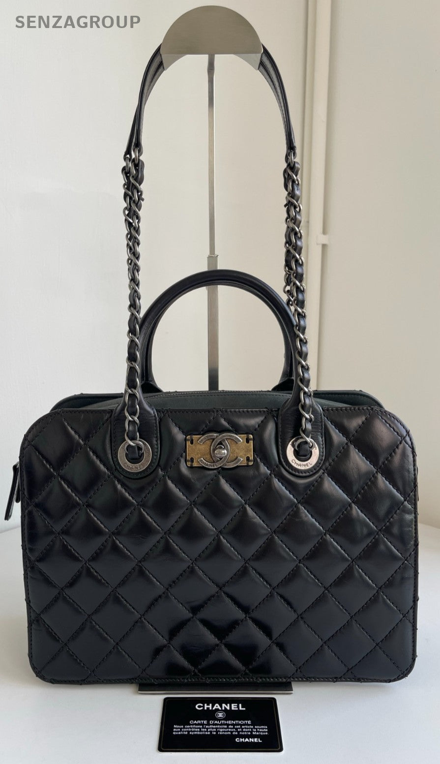 CHANEL Briefcase Calfskin Oil waxed leather Top Handle Chain Shoulder bag Black