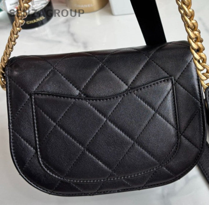 Chanel 21S Calfskin Chain Shoulder Bag Black Gold Women Diamond Pattern Classic