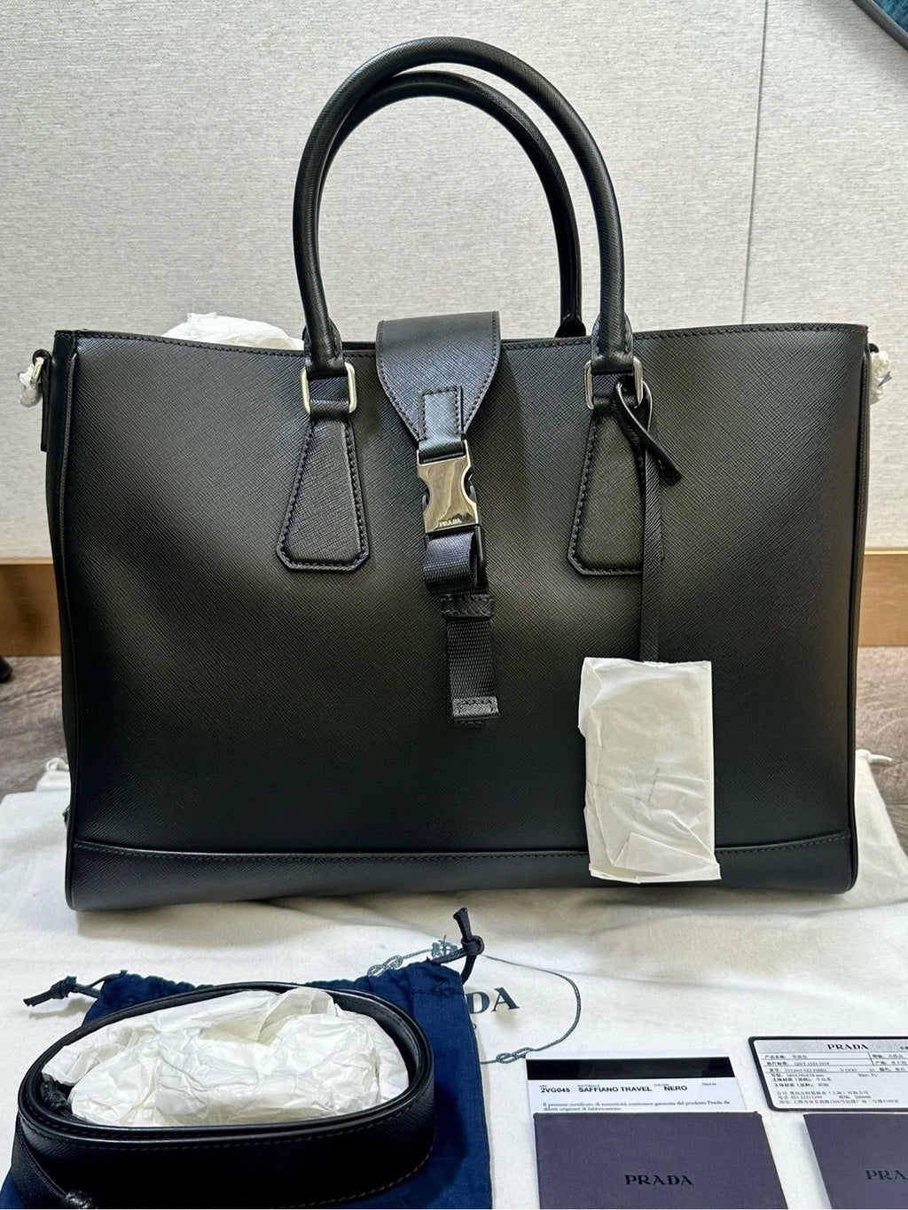 Prada Black Crossgrain Leather Tote Handbag Shoulder Crossbody Women