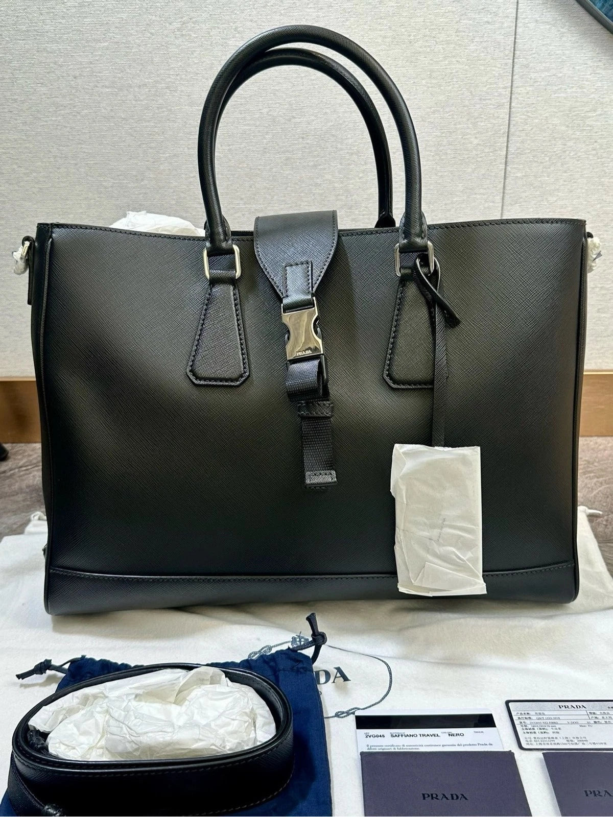 Prada Black Crossgrain Leather Tote Handbag Shoulder Crossbody Women