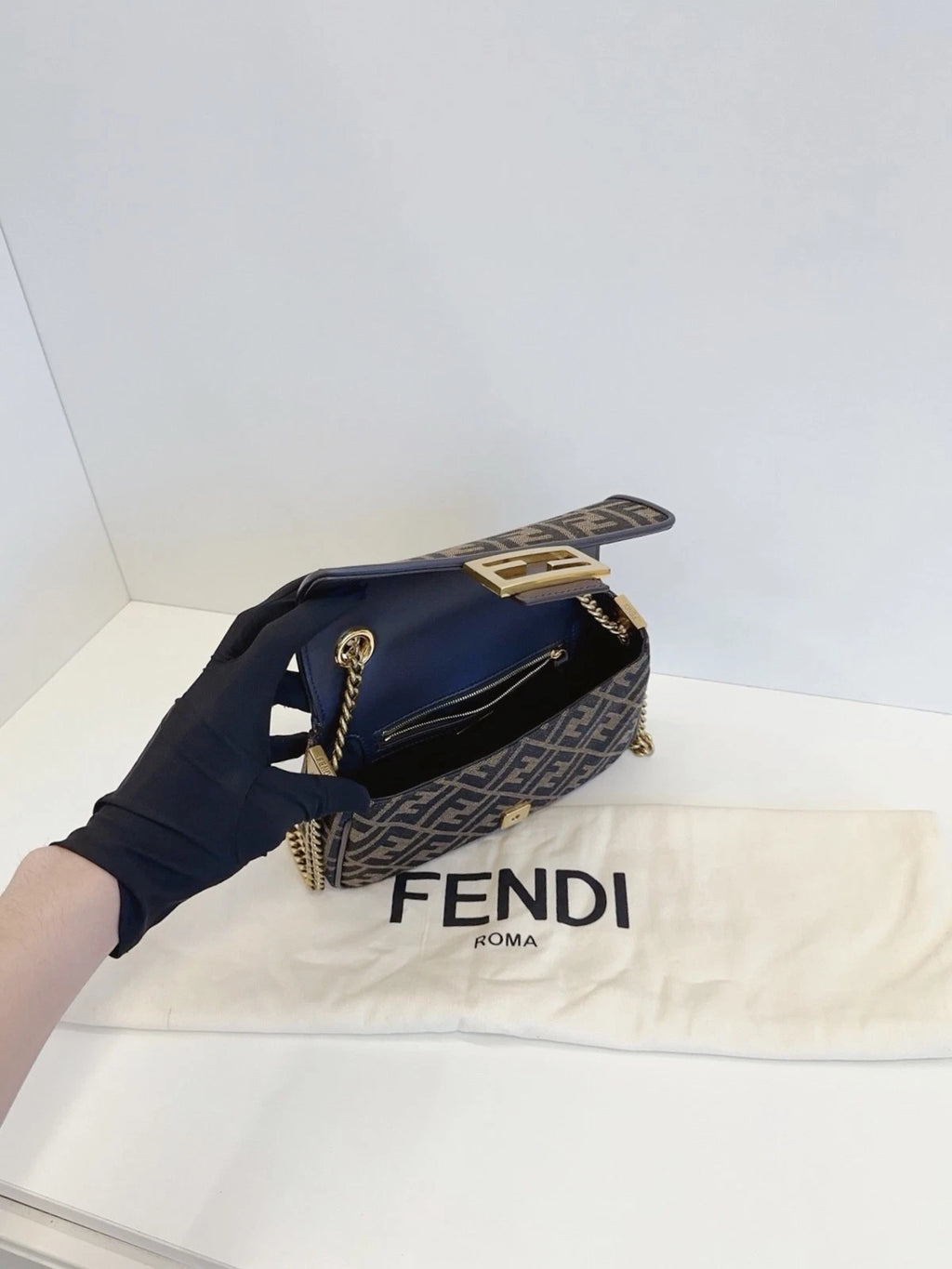Fendi Baguette Medium FF Logo Chain Shoulder Crossbody Bag Brown