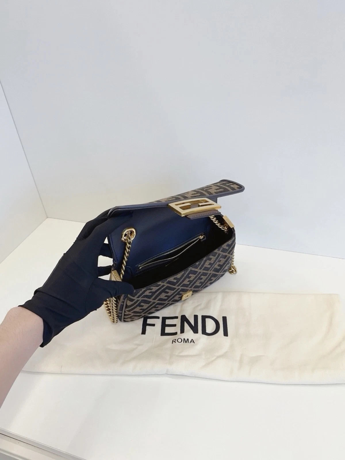 Fendi Baguette Medium FF Logo Chain Shoulder Crossbody Bag Brown