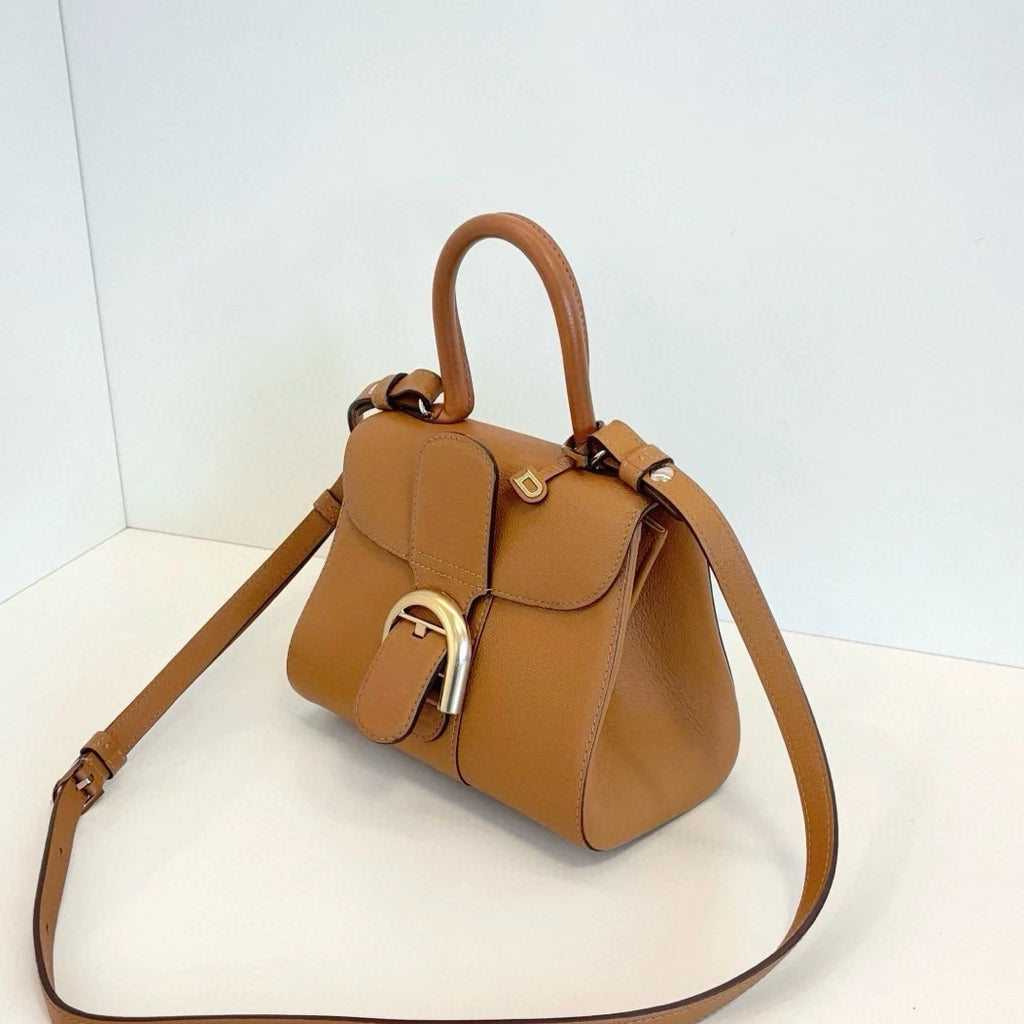 Delvaux Brillant Calfskin PM Top Handle Crossbody Brown Gold Women Classic