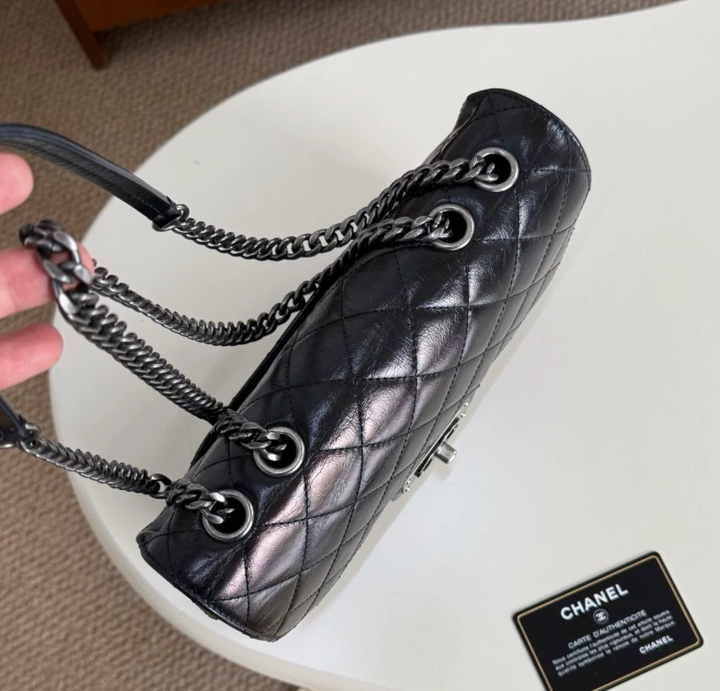 Chanel Diamond Chain Shoulder Bag Crossbody Used Women Black Silver